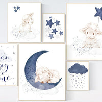 Lamb nursery print set, sheep nursery above crib art, navy nursery, sheep nursery art, sheep baby decor, Boy Wall Art, Baby Blue, Boy Lamb