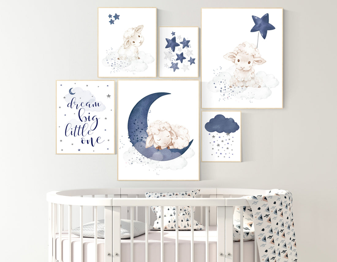 Lamb nursery print set, sheep nursery above crib art, navy nursery, sheep nursery art, sheep baby decor, Boy Wall Art, Baby Blue, Boy Lamb