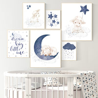 Lamb nursery print set, sheep nursery above crib art, navy nursery, sheep nursery art, sheep baby decor, Boy Wall Art, Baby Blue, Boy Lamb