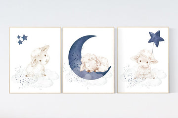 Sheep nursery decor, Nursery decor boy, nursery decor lambs, nursery wall art sheep, moon and cloud wall art nursery, navy nursery wall art