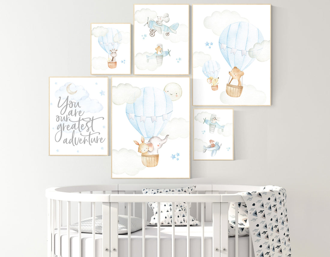 Nursery decor boy airplane, nursery decor boy hot air balloon, travel, you are our greatest adventure, nursery wall art animals, boy nursery