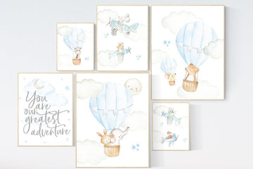 Nursery decor boy airplane, nursery decor boy hot air balloon, travel, you are our greatest adventure, nursery wall art animals, boy nursery