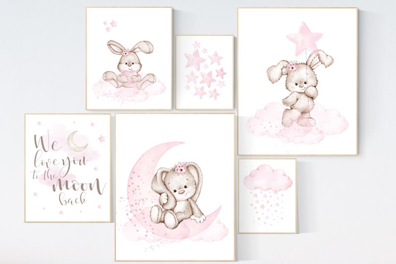 Baby room decor girl, Nursery decor girl flower bunny, Nursery wall art girl, Rabbit nursery print, nursery print set girl, pink nursery