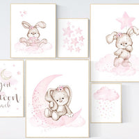 Baby room decor girl, Nursery decor girl flower bunny, Nursery wall art girl, Rabbit nursery print, nursery print set girl, pink nursery
