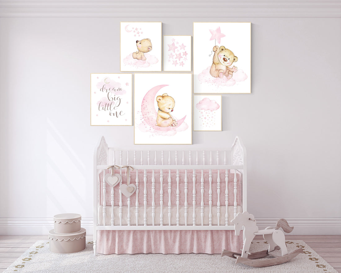 Nursery decor girl, bear nursery decor for girls, nursery decor girl, girl wall art, dream big little one, teddy bear nursery, pink nursery