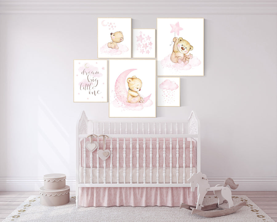 Nursery decor girl, bear nursery decor for girls, nursery decor girl, girl wall art, dream big little one, teddy bear nursery, pink nursery