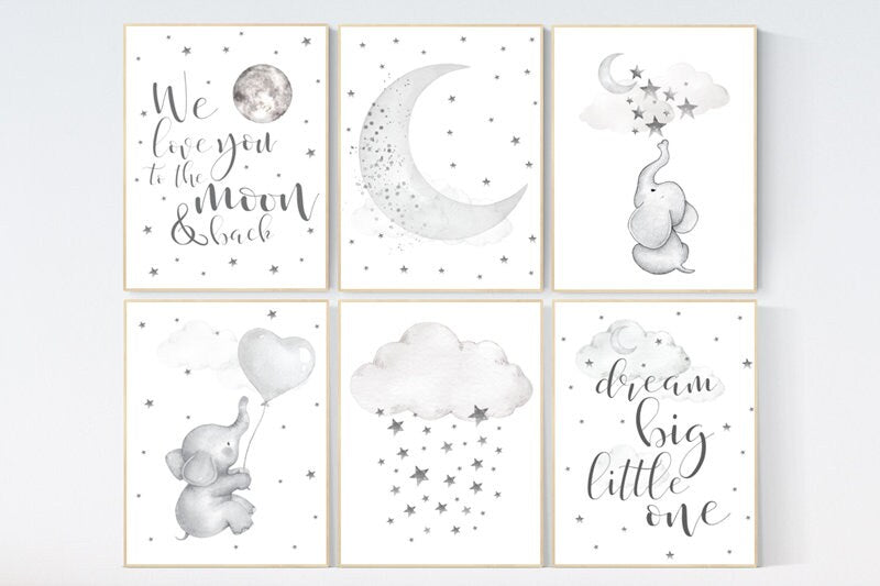 Nursery decor elephant, we love you to the moon and back, gray nursery, moon and stars, grey, neutral nursery, gender neutral, elephant