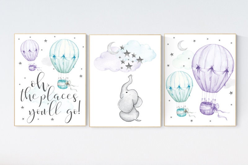 Nursery decor girl elephant, nursery decor girl purple, hot air balloon, purple mint, lavender, nursery decor girl lilac mint, turquoise