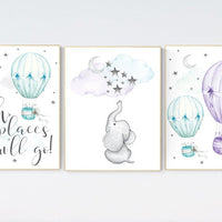 Nursery decor girl elephant, nursery decor girl purple, hot air balloon, purple mint, lavender, nursery decor girl lilac mint, turquoise