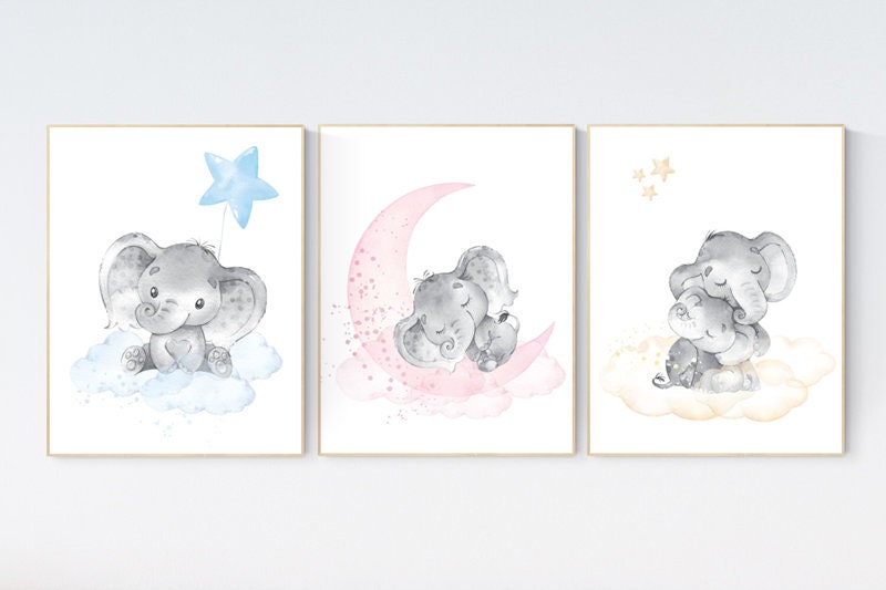 Nursery wall art neutral, nursery wall art elephant, cloud and stars, gender neutral, baby room decor, elephant balloon, yellow nursery