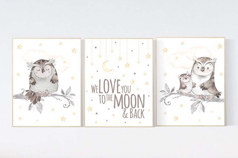 Nursery decor yellow, Nursery decor owl, gender neutral nursery decor, owl nursery, we love you to the moon and back, owl print for nursery