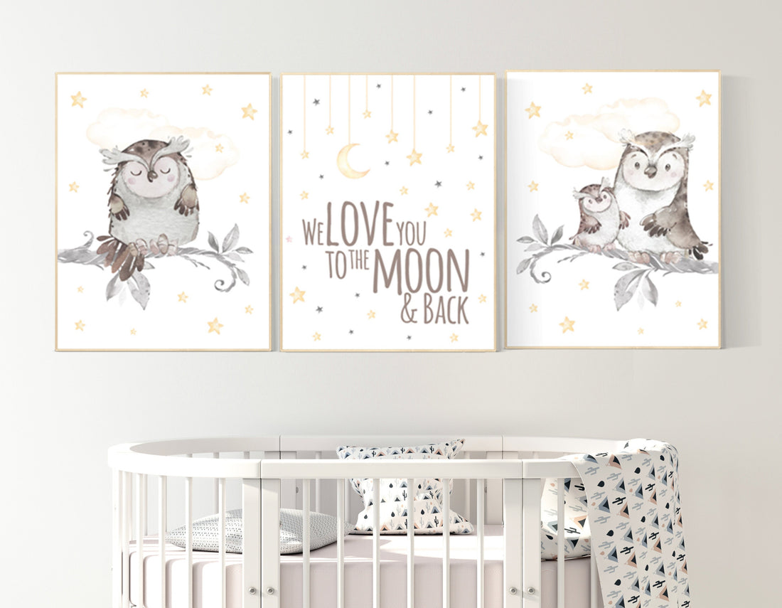 Nursery decor yellow, Nursery decor owl, gender neutral nursery decor, owl nursery, we love you to the moon and back, owl print for nursery