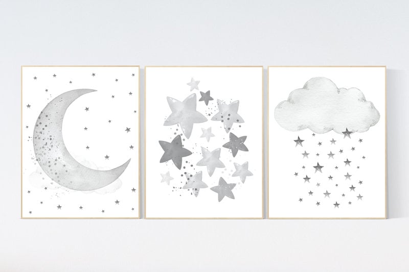 Moon and Stars Nursery Art: Neutral Gray Baby Room Decor