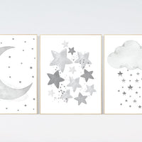 Moon and Stars Nursery Art: Neutral Gray Baby Room Decor
