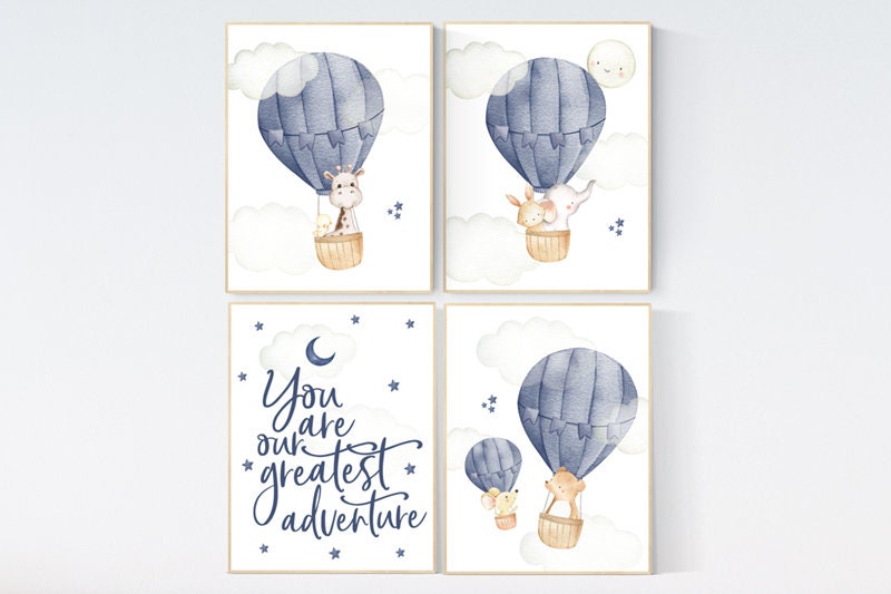Hot air balloon nursery, navy blue, Nursery decor boy woodland animals, you are our greatest adventure, elephant, giraffe, bear, boy nursery