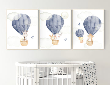 Hot air balloon nursery, Nursery decor boy, navy blue nursery, travel theme, elephant, bear, giraffe, bunny, travel nursery, woodland animal