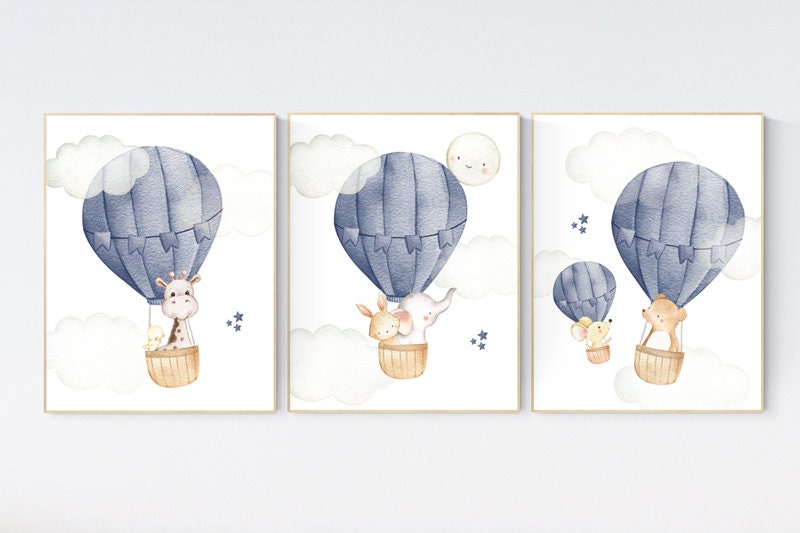 Hot air balloon nursery, Nursery decor boy, navy blue nursery, travel theme, elephant, bear, giraffe, bunny, travel nursery, woodland animal