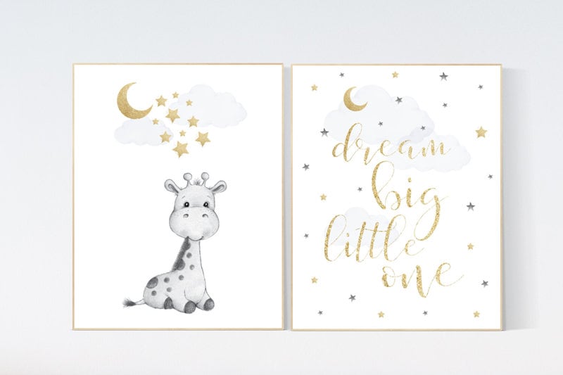 Nursery decor giraffe, gold nursery decor, cloud and stars, moon and stars, dream big little one, baby room wall art, giraffe nursery