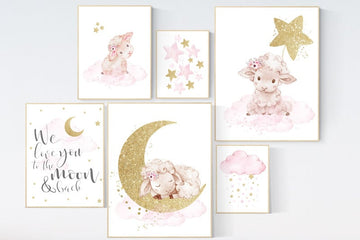 Baby room decor girl, Nursery wall art girl pink gold, Sheep nursery decor, sheep nursery art, lamb nursery decor, lamb print for nursery