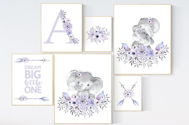 Nursery decor girl boho, purple nursery, nursery decor girl flower, nursery wall art elephant, lilac nursery, lavender nursery wall art