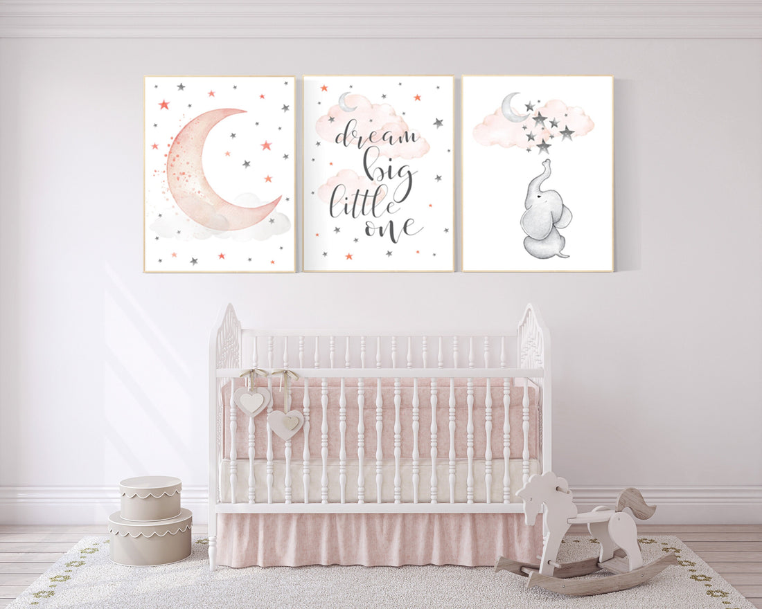 Nursery decor girl coral, Nursery decor elephant, dream big little one, cloud and stars, moon and stars nursery, coral and gray nursery