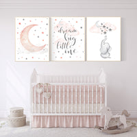 Nursery decor girl coral, Nursery decor elephant, dream big little one, cloud and stars, moon and stars nursery, coral and gray nursery