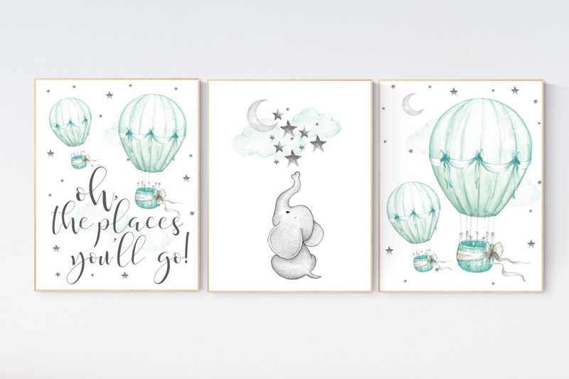 Mint nursery decor, nursery decor elephant, hot air balloon, gender neutral nursery, oh the places you&