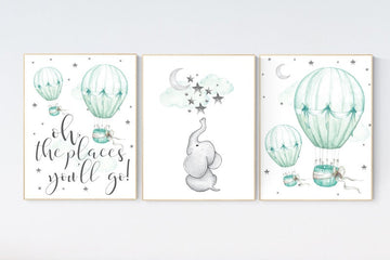Mint nursery decor, nursery decor elephant, hot air balloon, gender neutral nursery, oh the places you'll go, mint green nursery wall art