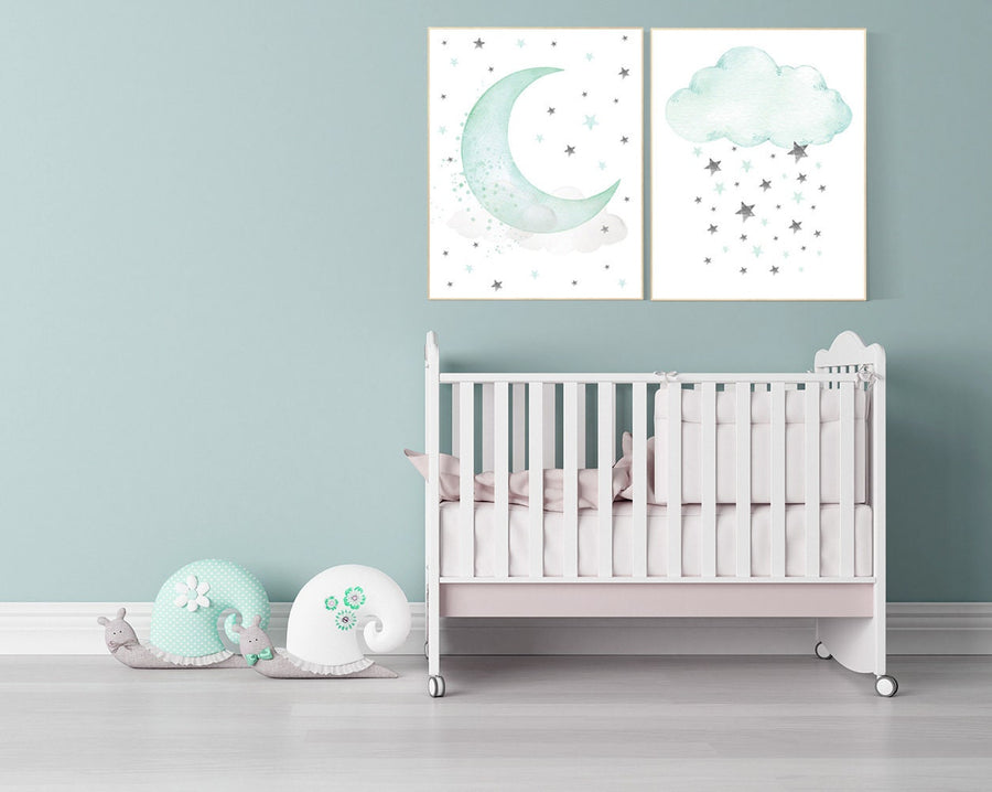 Mint nursery decor, mint green nursery decor, moon and cloud nursery decor, mint green nursery, moon and stars nursery, gender neutral