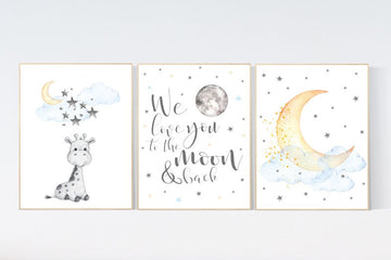 Nursery wall art giraffe, nursery decor neutral, we love you to the moon and back, moon and stars, gender neutral, blue yellow baby room