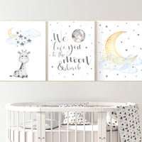 Nursery wall art giraffe, nursery decor neutral, we love you to the moon and back, moon and stars, gender neutral, blue yellow baby room