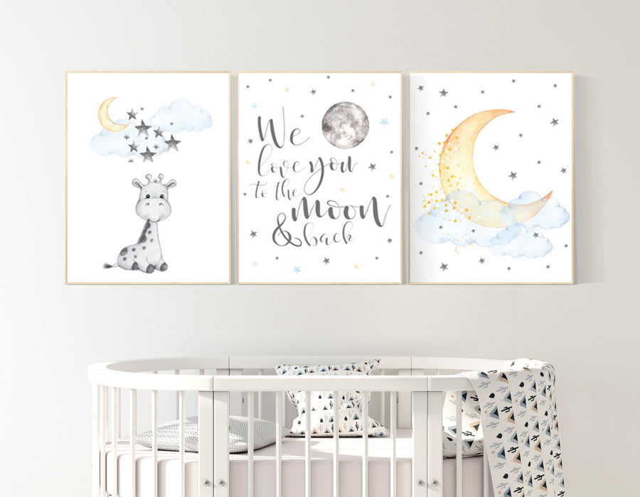 Nursery wall art giraffe, nursery decor neutral, we love you to the moon and back, moon and stars, gender neutral, blue yellow baby room