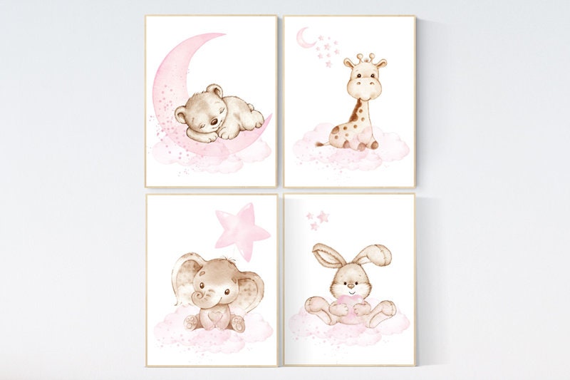 Nursery decor girl woodland, elephant, bear, giraffe, bunny, animal nursery, bunny nursery art, moon, star, pink gray, animal nursery prints