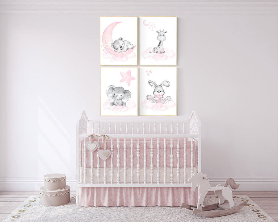 Nursery decor girl, elephant, bear, giraffe, bunny, animal nursery, bunny nursery art, moon, star, bear nursery, pink gray, woodland animals