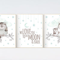 Mint nursery decor, we love you to the moon and back, Nursery decor owl, owl nursery art, nursery wall art mint, mint green, gender neutral