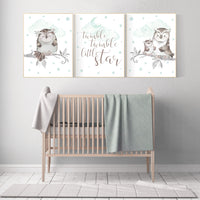 Nursery decor owl, owl nursery art, mint nursery decor, twinkle twinkle little star, nursery wall art mint, mint green, gender neutral