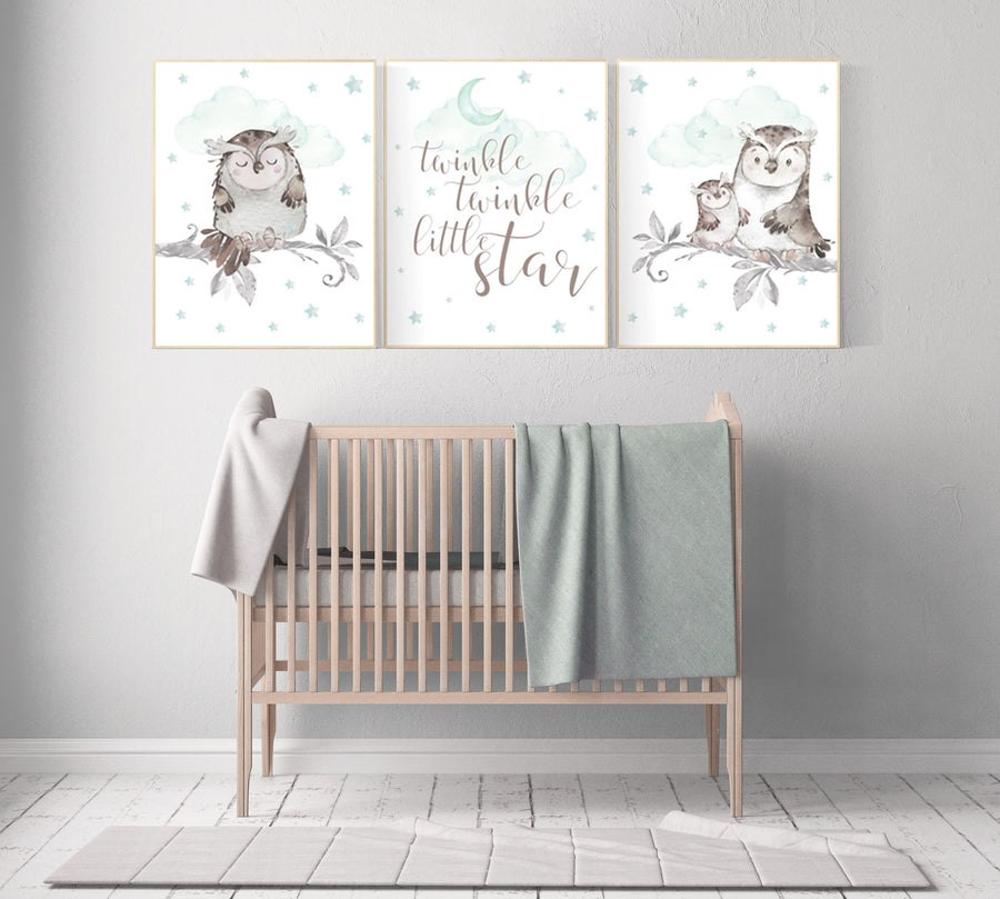Nursery decor owl, owl nursery art, mint nursery decor, twinkle twinkle little star, nursery wall art mint, mint green, gender neutral