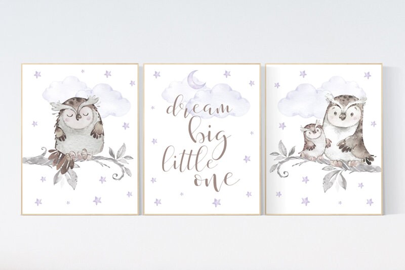 Nursery decor girl purple, Nursery decor owl, lilac nursery, nursery wall art, owl nursery, lavender, dream big little one, purple nursery