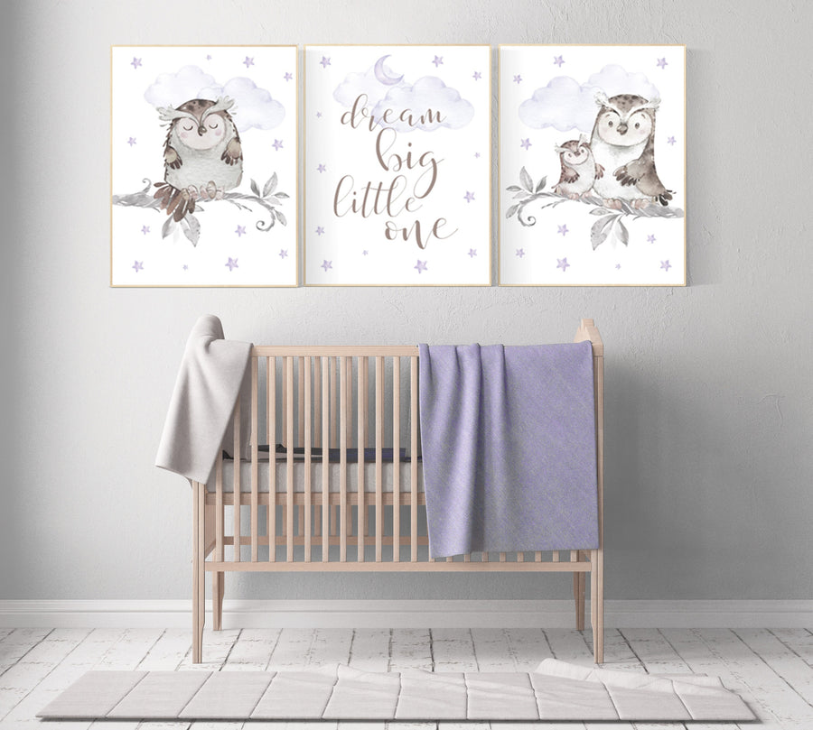 Nursery decor girl purple, Nursery decor owl, lilac nursery, nursery wall art, owl nursery, lavender, dream big little one, purple nursery