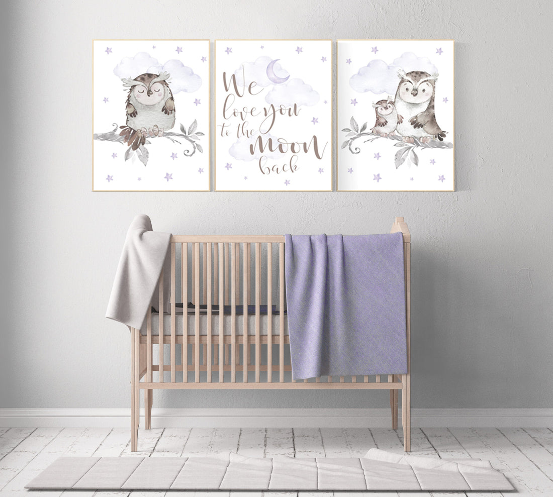 Nursery decor girl purple, Nursery decor owl, lilac nursery, nursery wall art, owl nursery, lavender, we love you to the moon and back