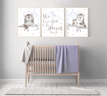 Lilac nursery, nursery wall art, owl nursery, lavender, we love you to the moon and back, Nursery decor girl purple, Nursery decor owl