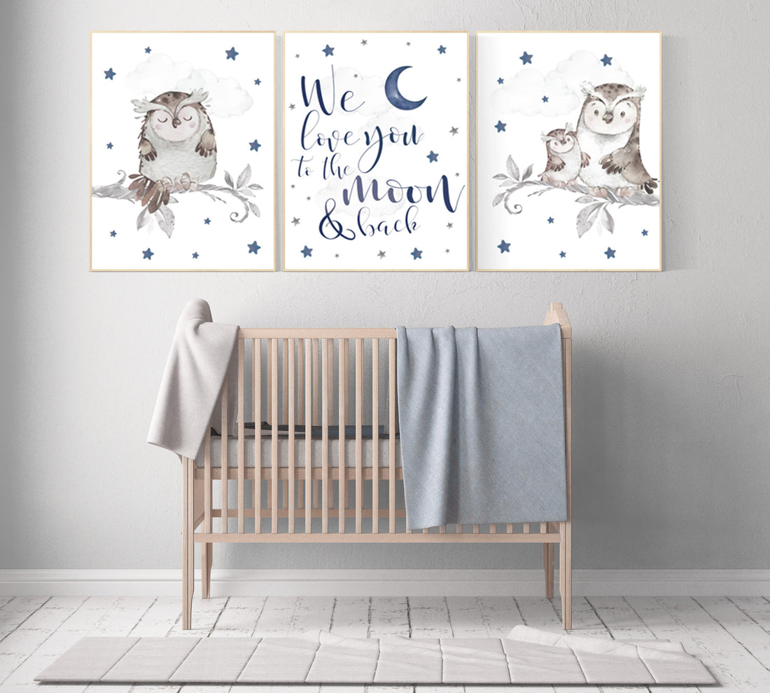 Nursery decor boy owls, navy nursery, nursery wall art boy, owl print nursery, owl print baby, we love you to the moon and back, navy blue