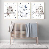 Nursery decor boy owls, navy nursery, nursery wall art boy, owl print nursery, owl print baby, we love you to the moon and back, navy blue