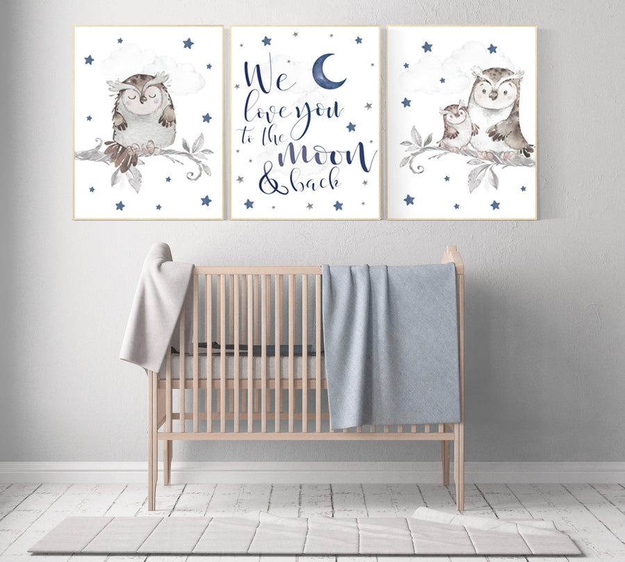 Nursery decor boy owls, navy nursery, nursery wall art boy, owl print nursery, owl print baby, we love you to the moon and back, navy blue