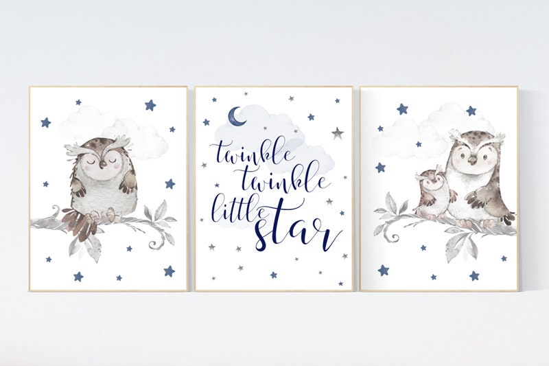 Nursery decor boy owls, navy nursery, nursery wall art boy, owl print nursery, owl print baby, twinkle twinkle little star, navy blue