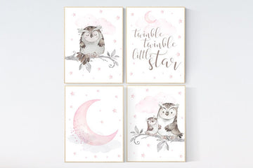 Nursery decor girl owl, Owl print for nursery, twinkle twinkle little star, owl nursery decor, pink and gray, nursery ideas, pink nursery