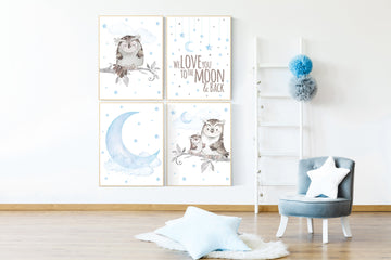 We love you to the moon and back, Nursery decor boy owls, owl nursery, nursery wall art boy, owl print nursery, baby blue nursery art