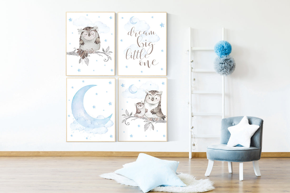 Nursery decor boy owls, owl nursery, nursery wall art boy, owl print nursery, owl print baby, baby nursery decor, baby blue nursery art