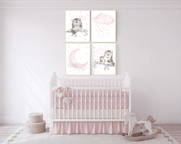 Nursery decor girl owl, Owl print for nursery, moon and star nursery, owl nursery decor, pink and gray, nursery ideas, pink nursery decor