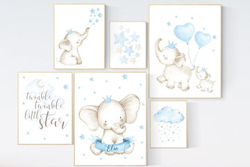 Baby room wall art, baby room decor boy, blue nursery decor, elephant nursery, boy nursery print set, set of 6, twinkle twinkle little star